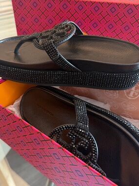 Tory Burch Black Crystal Platform Flip Flops